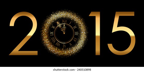 Vector 2015 Happy New Year background with gold shiny clock