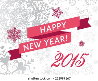 vector 2015 new year card, banner, invitation cover with snowflakes and red ribbon, winter pattern, background