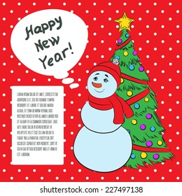 Vector 2015 New year vintage invitation. Vector retro red background cute Snowman and Christmas tree for your design. Suitable for various designs, invitation, thank you card and scrapbooking