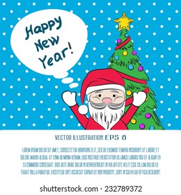 Vector 2015 New year vintage invitation. Vector retro blue background cute Santa Claus and Christmas tree for your design. Suitable for various designs, invitation, thank you card and scrapbooking