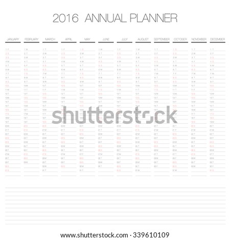 vector 2016 annual planner calendar template organizer