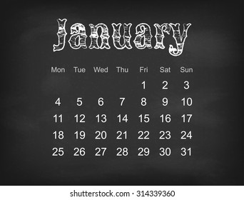 Vector 2016 calendar on black chalk board | Europe calendar grid weeks starts on Monday 