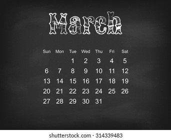 Vector 2016 calendar on black chalk board | American, Canadian calendar grid - weeks starts on Sunday 