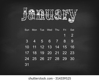 Vector 2016 calendar on black chalk board | American, Canadian calendar grid - weeks starts on Sunday 