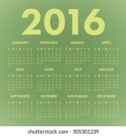 Vector 2016 Calendar on Green Background 