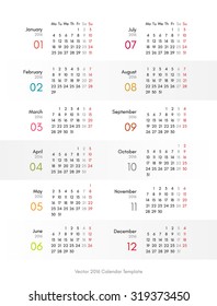 Vector 2016 calendar template