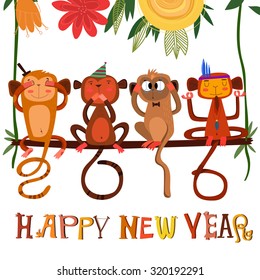 Vector 2016 concept New Year background of Three wise monkeys +1, a symbol of New Year 2016.  2016 made tails of monkeys - stock vector