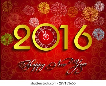 Vector 2016 Happy New Year with gold clock and fireworks background 