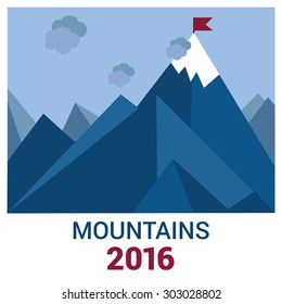 Vector 2016 Leadership concept illustration landscape with flag on the mountain peak. Success illustration. Goal achievement. Business concept. Mission brochure title page template vector illustration