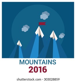 Vector 2016 Leadership concept illustration landscape with flag on the mountain peak. Success illustration. Goal achievement. Business concept. Mission brochure title page template vector illustration