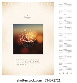 Vector 2016 loose-leaf calendar template with picture frame