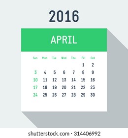 Vector 2016 year flat style calendar on light background American calendar grid weeks starts on Sunday April