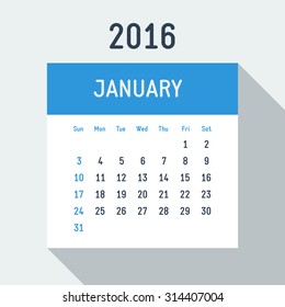 Vector 2016 year flat style calendar on light background American calendar grid weeks starts on Sunday January