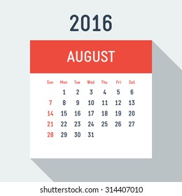Vector 2016 year flat style calendar on light background American calendar grid weeks starts on Sunday August