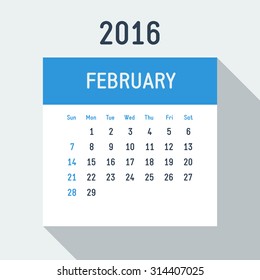 Vector 2016 year flat style calendar on light background American calendar grid weeks starts on Sunday February