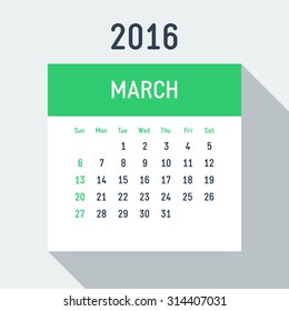 Vector 2016 year flat style calendar on light background American calendar grid weeks starts on Sunday March