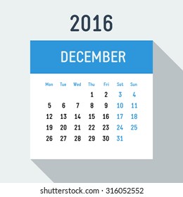 Vector 2016 year flat style calendar on light background Europe calendar grid weeks starts on Monday December