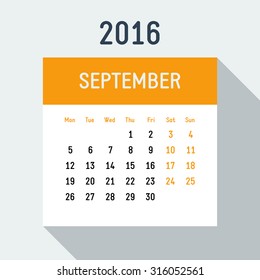 Vector 2016 year flat style calendar on light background Europe calendar grid weeks starts on Monday September