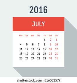 Vector 2016 year flat style calendar on light background Europe calendar grid weeks starts on Monday July