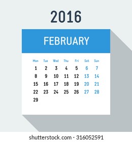 Vector 2016 year flat style calendar on light background Europe calendar grid weeks starts on Monday February