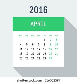 Vector 2016 year flat style calendar on light background Europe calendar grid weeks starts on Monday April