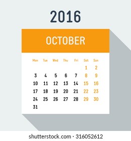 Vector 2016 year flat style calendar on light background Europe calendar grid weeks starts on Monday October