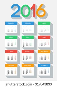 Vector 2016 year flat style calendar on light background Europe calendar grid weeks starts on Monday