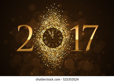 Vector 2017 background with gold clock and glitter