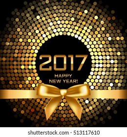 Vector 2017 background with gold disco lights and ribbon