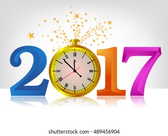 Vector 2017 Happy New Year color background with gold clock