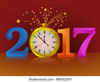 Vector 2017 Happy New Year color background with gold clock