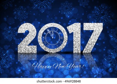 Vector 2017 Happy New Year background with silver clock