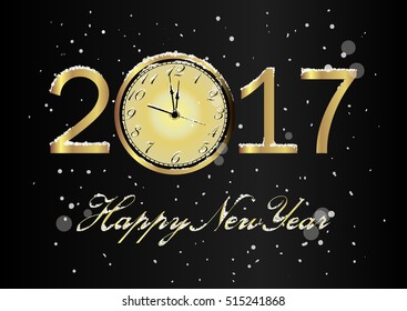 Vector 2017 Happy New Year black background with gold clock and snow