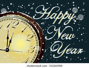 Vector 2017 Happy New Year background with gold clock and snow