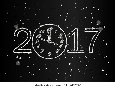 Vector 2017 Happy New Year black background with clock and snow