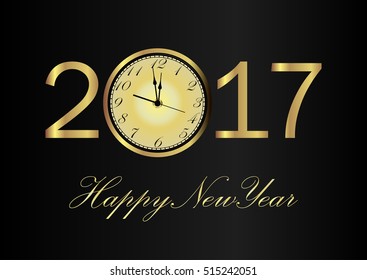 Vector 2017 Happy New Year black background with gold clock