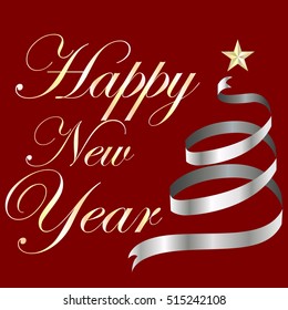 Vector 2017 Happy New Year red background with ribbon Christmas tree with star on top.
