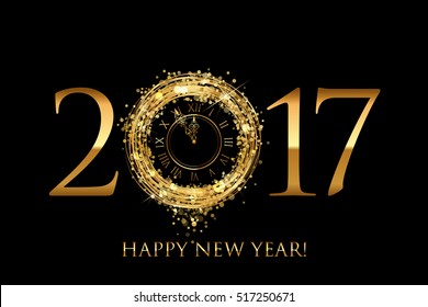 Vector 2017 Happy New Year card with gold shiny clock on black background