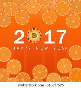 Vector 2017 Happy New Year background with clock and  round orange slices.