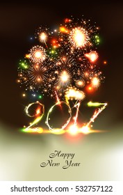 Vector 2017 Happy New Year background with fireworks and colorful lights .