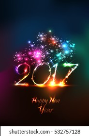 Vector 2017 Happy New Year background with fireworks and colorful lights .