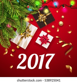 Vector 2017 Happy New Year background with golden gifts bow under fir tree. Christmas decoration, confetti, light garlands on a greeting card 