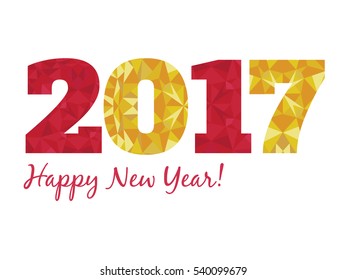 Vector 2017 Happy New Year illustration with golden ruby red glowing numbers and seamless triangles patterns on isolated white.