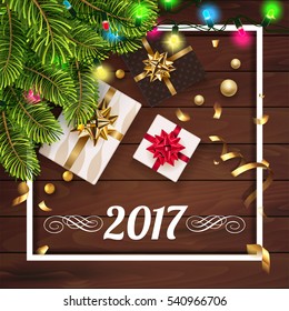 Vector 2017 Happy New Year background with golden gifts bow under fir tree. Christmas decoration, confetti, light garlands on a greeting card 