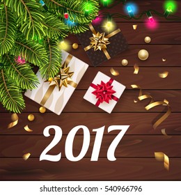 Vector 2017 Happy New Year background with golden gifts bow under fir tree. Christmas decoration, confetti, light garlands on a greeting card