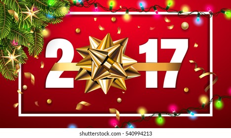 Vector 2017 Happy New Year background with golden gift bow, fir tree and confetti, light garland and typography frame on a red background