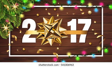 Vector 2017 Happy New Year wooden background with golden gift bow gift, fir tree and confetti, light garland and typography frame 