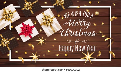 Vector 2017 Happy New Year background with golden gifts bow under fir tree. Christmas decoration, confetti, light garlands on a greeting card 