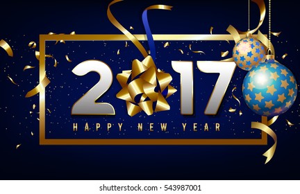 Vector 2017 Happy New Year background with golden gift ribbon