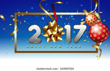 Vector 2017 Happy New Year background with golden gift ribbon